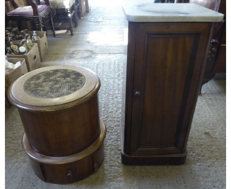 A late Victorian mahogany Bedside Cupboard with marble top and panelled door, on a plinth base, 14" (36cms) wide, and a Victo