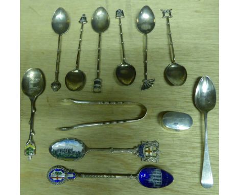 Six Chinese Teaspoons with simulated bamboo handles, a pair of silver Sugar Tongs, two silver and enamel souvenir Teaspoons, 