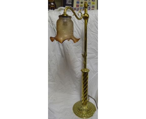 Another brass Desk Lamp with etched crimped glass shade, spiral column and domed circular foot, 32" (81cms) high.