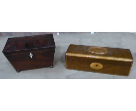 A mid 19th century mahogany Tea Caddy, the interior with two covered containers, 8" (20cms) wide, and a rosewood Glove Box.