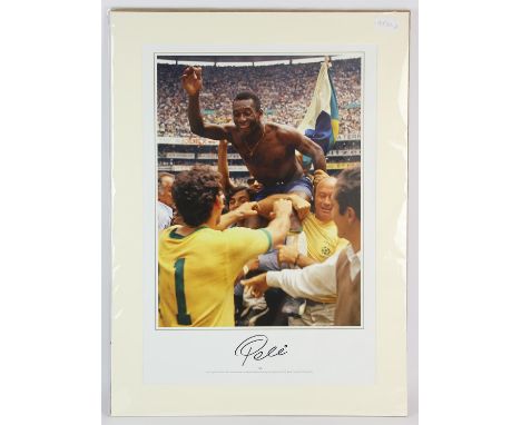 Pele Football signed print - being chaired - signed in black pen in border, 47x64 cm, With sporting memorabilia certificate o