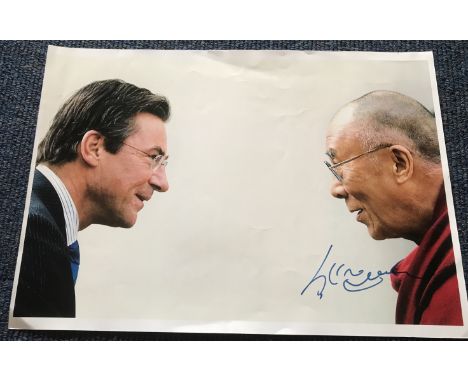 Dalai Lama signed stunning 16 x 12 inch colour portrait photo. Slight crease to top, but still scarce in this size and very c