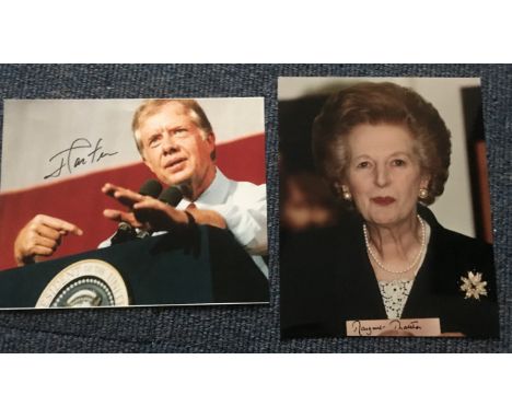Politics Margaret Thatcher signed 12 x 8 colour portrait photo, with 10 x 8 colour signed President Jimmy Carter. Condition 9