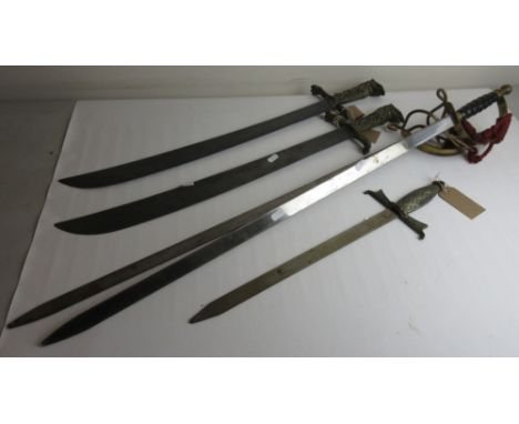 Two pairs of reproduction display swords and a smaller display dagger. (5)POA  https://www.bradleys.ltd/quotation-request-for