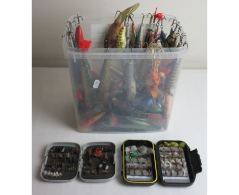 Mixed assortment of fishing flies and lures and a 'Keeper' branded fishing gilet size M, A/F (3 boxes)SHIPPING £38.00 PLUS VA