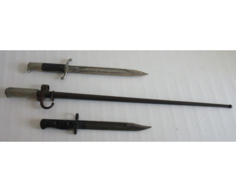 French 1886 pattern Lebel bayonet complete with scabbard, with stamps or serial number. Blade L52cm; British Sterling submach