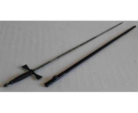 Toye and Co. marked masonic cross sword with steel-wrapped hilt and etched blade, with original brass-mounted leather scabbar