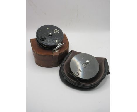 Hardy Bros 'The Conquest' fly reel in leather pouch; Allcocks of Redditch 'Match Arial' fly reel in hardback leather case (2)