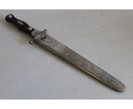 C19th century Chinese-style fighting dagger, complete with steel scabbard etched with floral dragon design. Blade L21.5cmSHIP