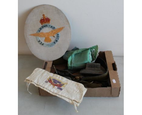 Mixed assortment of militaria, including a Royal Artillery officer brocade belt and 'good luck' satin handkerchief, brass mod