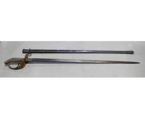 M1889 Imperial Prussian Officer's dress sword complete with original scabbard, serial no. 62R61 to hilt and scabbard. Blade L