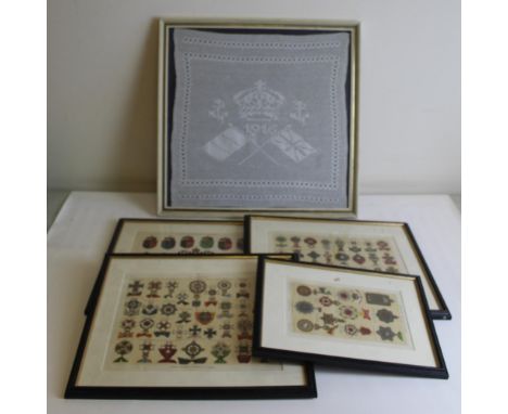 Framed lace WWI handkerchief dated 1916, together with framed prints listing highest orders and coats of arms around the worl