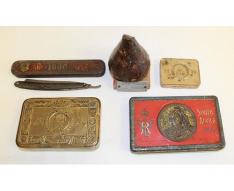 WWI Artillery fuse , relic found at the Somme Battlefield. Queen Victoria Boer War chocolate tin, Queen Mary Christmas tin, c