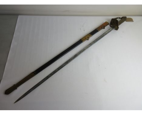 Royal Navy officers dress sword, 32' single fullered etched blade with Royal cypher and makers name, Bilney & co Portsea, com