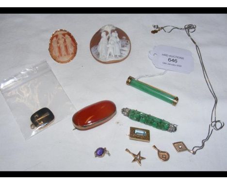 Two shell cameos, a silver and jade bar brooch, yellow metal and jade bar brooch and other jewelleryCONDITION REPORTjade bar 