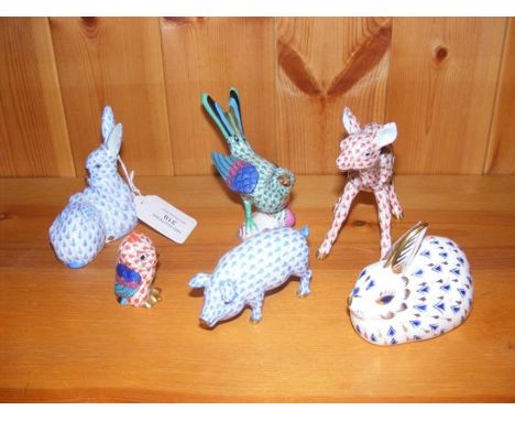 Five Herend ceramic animals together with a Royal Crown Derby rabbitCONDITION REPORTgood conditionDeer - 10cmOwl -4.5cmRabbit