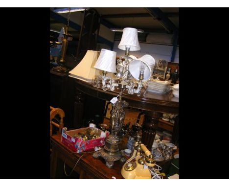 A vintage cradle telephone, together with a four prong table lamp with glass drops, etc. 