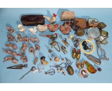 A collection of various miniature animal figures, a papier-mâché snuff box and miscellaneous items. 