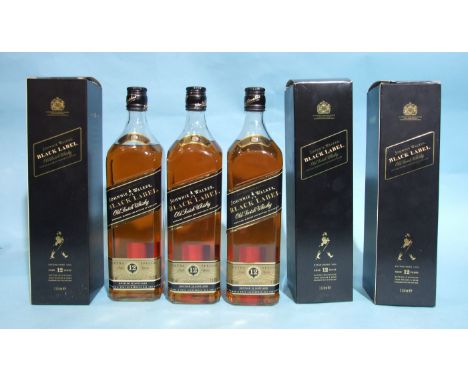 Johnnie Walker Black Label Old Scotch whisky 12-year-old, 40%, 1L, (all boxed), (3). 