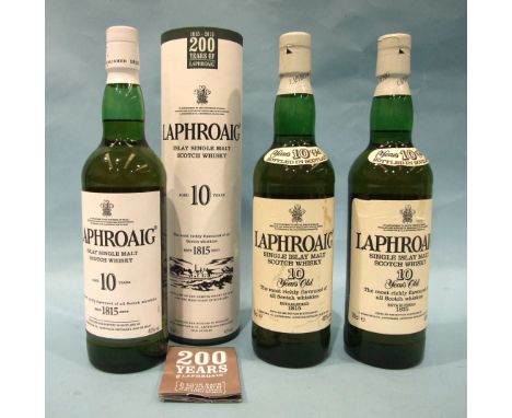 Laphroaig Islay Single Malt Scotch whisky 10-year-old, 40%, 70cl, (in sleeve) and two older bottlings, 40%, 70cl, (3). 