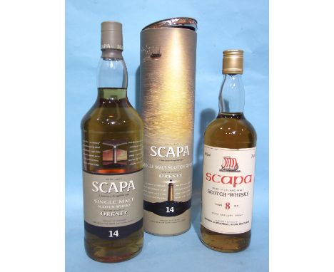 Scapa Single Malt Scotch whisky, Orkney 14-year-old, 40%, 1L, (in cardboard tube, rusted top) and another, 8-year-old, 40%, 7