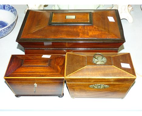 A 19th century mahogany three-division tea caddy and two smaller tea caddies, (restored), (3). 