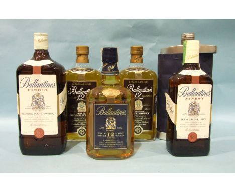 Ballentines 12-year-old Scotch whisky, 1L (x3) and 70cl (x2). 