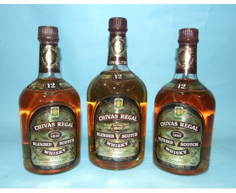 Chivas Regal 12-year-old blended Scotch whisky, 75 proof, 26⅔fl.oz (two bottles) and 1L, (one bottle), (3). 