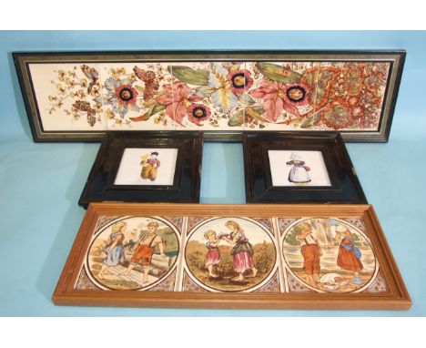 Eight Victorian decorative ceramic architectural tiles in two frames, together with two 19th/20th century Dutch tiles depicti