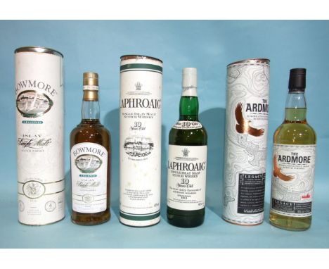 Laphroaig Single Islay Malt whisky 10-year-old, 40%, 70cl, Bowmore Islay Single Malt Scotch whisky Legend, 40%, 70cl and The 