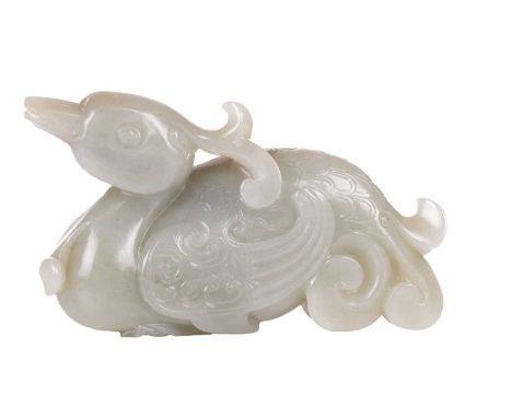 A Chinese grey green carved Jade figure of a Mandarin duck, 9.5 cm long