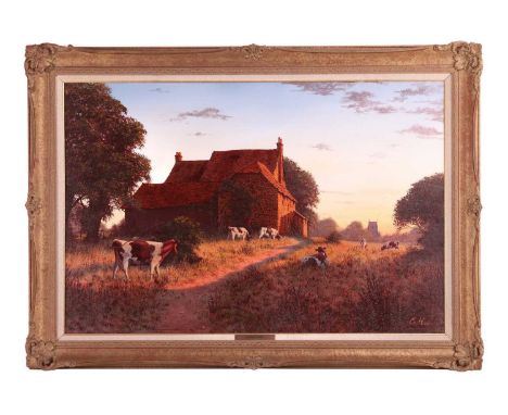 Edward Hersey (b.1948), Dusk landscape with farmhouse and cattle, signed, oil on canvas, 51 x 76 cm, framed 63.5 x 89 cmFrom 