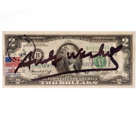 Andy Warhol (1928-1987), a Two Dollar Thomas Jefferson bill, 1976, hand signed by the artist in black marker, Serial number: 