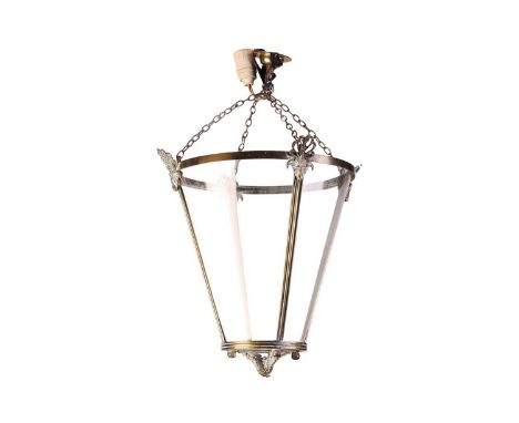 A George III style, Neo-Classical brass hanging portico lantern, early 20th century, of inverted conical form with triple ree