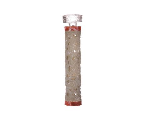 A Chinese carved celadon jade cylindrical perfumier, Qing Dynasty, with a carved rock crystal stopper above a body carved and