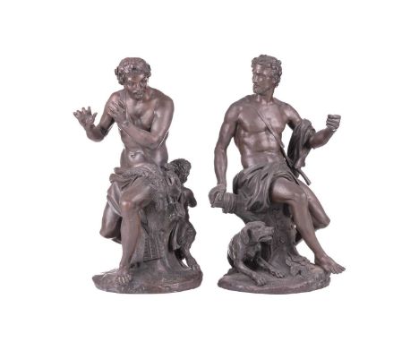 After Guillaume Cousteau, a pair of male Allegorical figures, one playing an instrument, the other with a snarling dog, both 