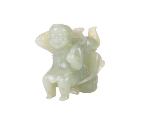A large Chinese green jade carving of two laughing Buddhai, each figure supported on the back of his companion with a lotus f