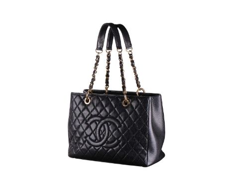 Chanel - a Grand Shopping Tote in black diamond-quilted caviar leather, circa 2014, structured rectangular body with textile 