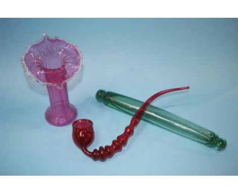 Victorian cranberry 'Jack the pulpit' vase, a rolling pin and glass pipe