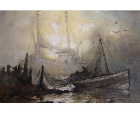 Watercolour, R. L. Howey, study of fishing trawlers mending nets, unframed and unmounted, 46 x 38cm