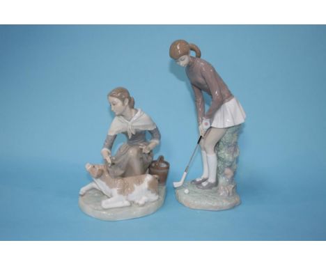 A Lladro group of a girl with a calf and a Lladro golfer (2)