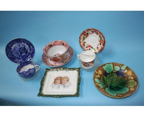 A jumbo tea cup and saucer, two moustache cups, three leaf plates etc.