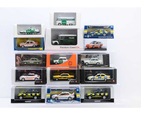 1:43 Scale Police Vehicles by Various Makers, including Model Icons (2), Premium X (3), Kyosho (2), Premium ClassiXXs, Proget