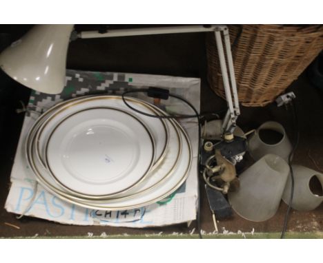 AN ANGLEPOISE LAMP, A GRADUATED SET OF THREE MEAT PLATES, A MATCHING DINNER PLATE AND THREE SIDE LIGHT FITTINGS WITH SHADES