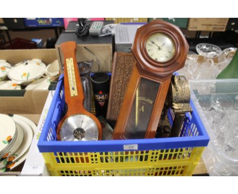 A TRAY OF CLOCKS, BAROMETER ETC. (TRAYS NOT INCLUDED)