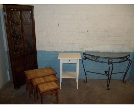 AN OAK CORNER CUPBOARD, NEST OF THREE TABLES, WROUGHT IRON SOFA TABLE AND A SMALL MODERN LAMP TABLE  (4)