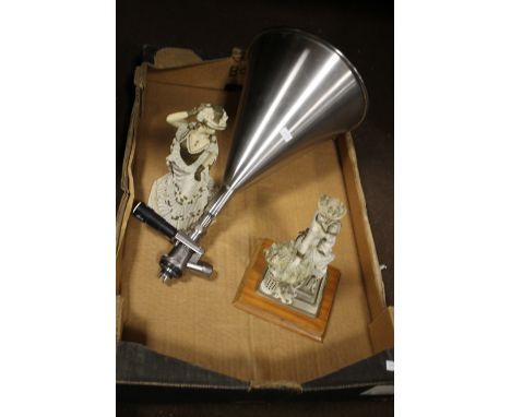 A HEAVY DUTY STAINLESS STEEL BREWING FUNNEL, A PAIR OF PATTERNED CANDLESTICKS AND A PAIR OF CERAMIC FIGURES