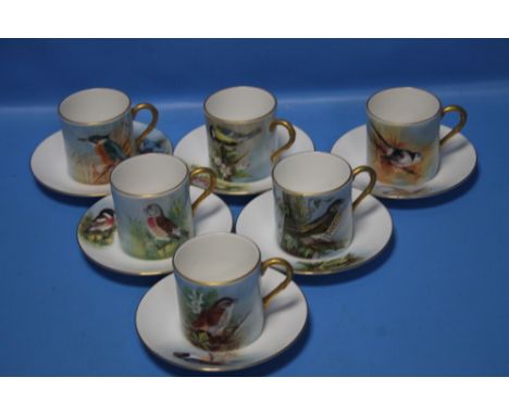 SIX COFFEE CANS &amp; SAUCERS HAND PAINTED AND SIGNED BY F. CLARK (FRANCIS CLARK WAS A ROYAL WORCESTER ARTIST), BRITISH BIRDS