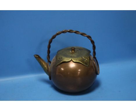 AN ANTIQUE ORIENTAL COPPER AND BRASS TEAPOT. TWO CHARACTER MARK TO LID ON WHITE METAL TABLETCondition Report: The finial to t