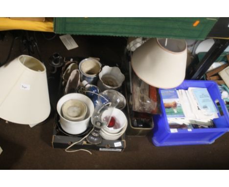 TWO TRAYS OF CERAMICS, CATALOGUES, TABLE LAMP ETC. (TRAYS NOT INCLUDED)